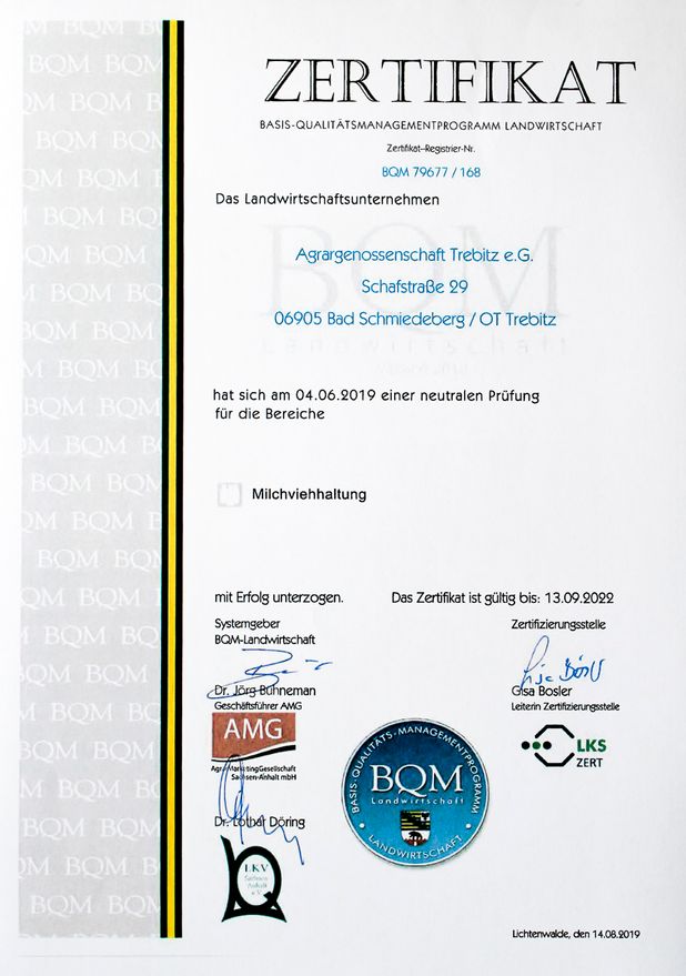 Zertifikat der Agrargenossenschaft Trebitz in Bad Schmiedeberg, Ortsteil Trebitz