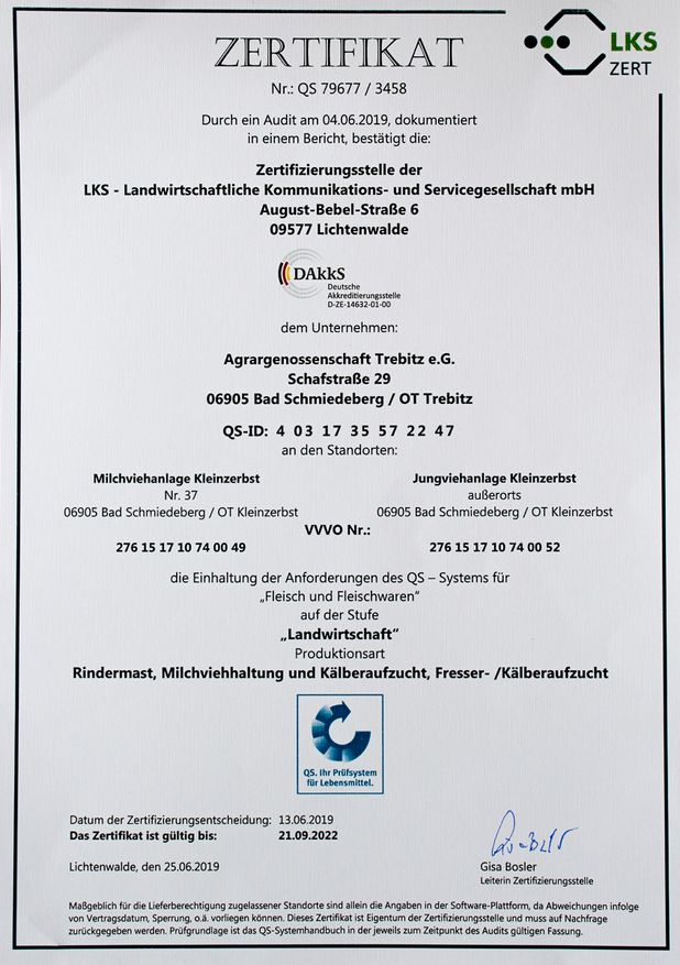 Zertifikat der Agrargenossenschaft Trebitz in Bad Schmiedeberg, Ortsteil Trebitz